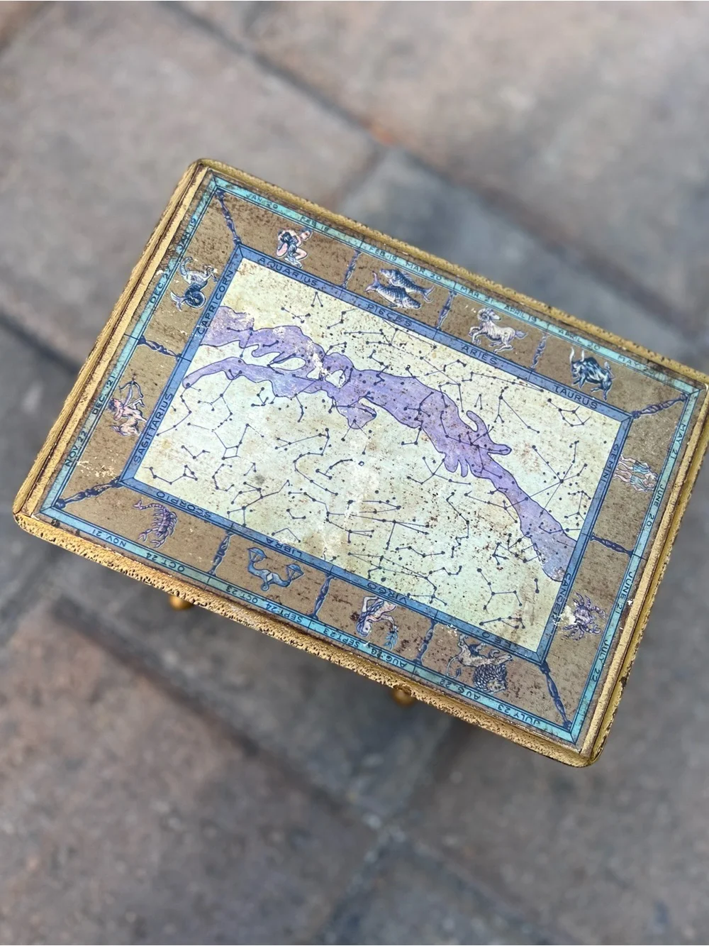 Vintage Italian Florentine Gold Jewelry Box with Zodiac Constellation Lid